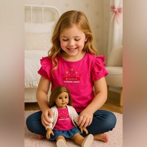 American Girl Vintage Fashion Show Tee Pink Ruffle Sleeve Girls 7/8